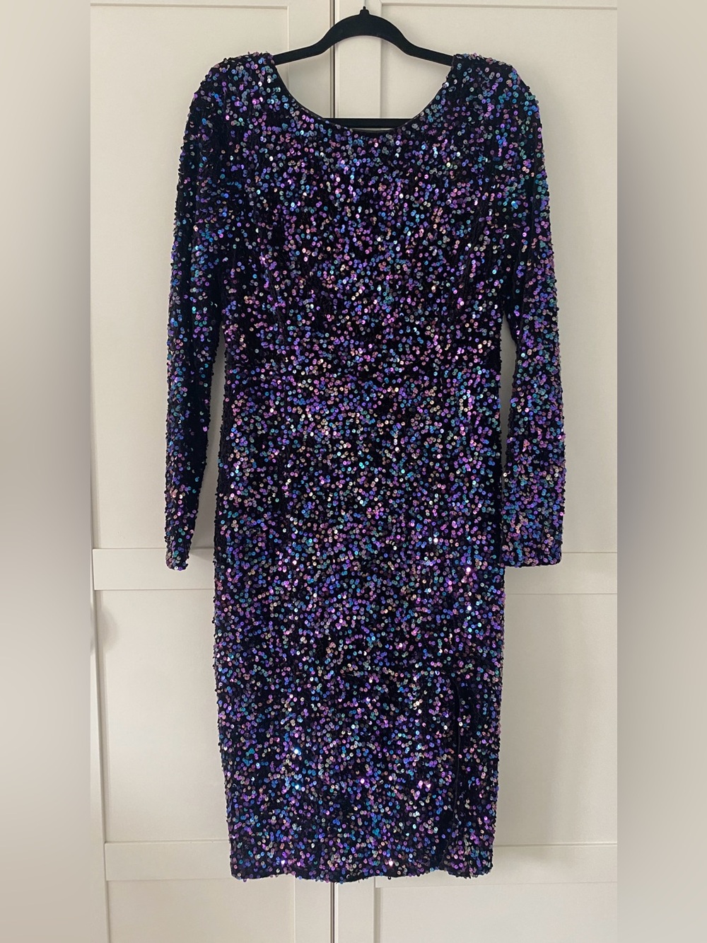 Le Château Black Purple Sequin Long Sleeve Bodycon Dress L | Holiday Party NYE